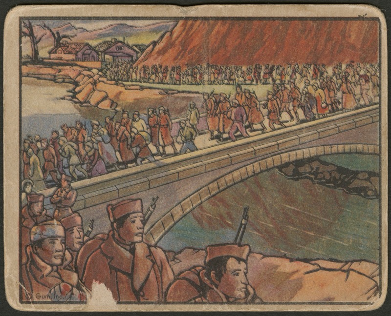 Front of postcard (recto). Image of long lines of cartoon people crossing a bridge and a body of water. The line emerges from around a mountain base where two houses can be seen. Within the crowd, there are soldiers in uniform. In the background, there are mountains and trees. Many people in the crowd carry bags. 