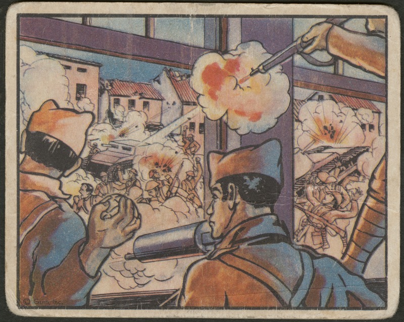 Front of postcard (recto). Image of cartoon soldiers shooting weapons and throwing grenades out of a window. The street is filled with tanks, soldiers, smoke, and explosions. In the background, there are some wrecked buildings. 