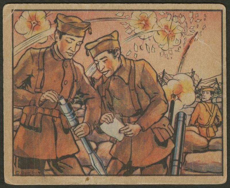 Front of postcard (recto). Image of cartoon soldiers putting papers into a missile or rocket. In the background, there are explosions with papers flying out of them. Another soldier watches the two packing papers. 