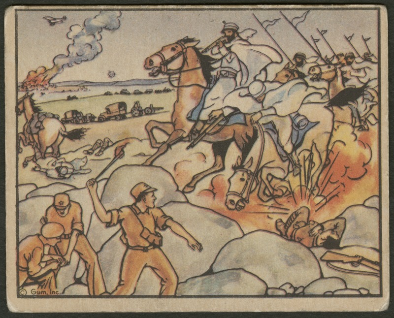 Front of postcard (recto). Image of a cartoon group of soldiers under attack by a group of Moroccan soldiers on horseback. In the background, there is an explosion on an island and a large body of water. Horses and trucks travel in the background. In the foreground, there are several bodies on the ground. The soldiers throw torches from behind a rock barricade. 