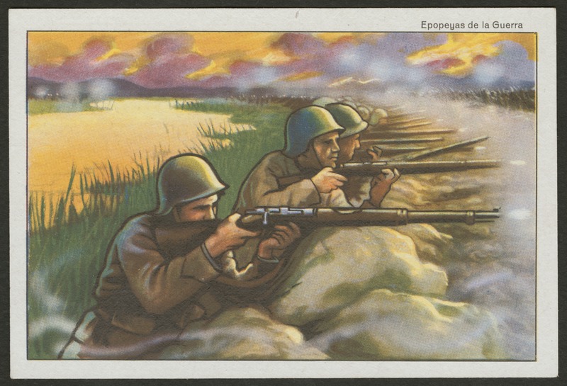 Front of postcard (recto). Image of cartoon soldiers shooting rifles from behind a rock barricade. There is smoke in front of the barricade. In the background, there is a body of water behind the line of soldiers. Full text includes "Epopeyas de la Guerra". 