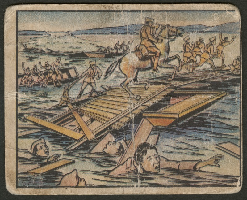 Front of postcard (recto). Image of cartoon soldiers running across a harbor-like structure that is falling apart in a large body of water. There are soldiers in tipping canoes in the background. In the foreground, four soldiers  float in the water. One man reaches for a piece of furniture or wood. In the background, there are mountains.  