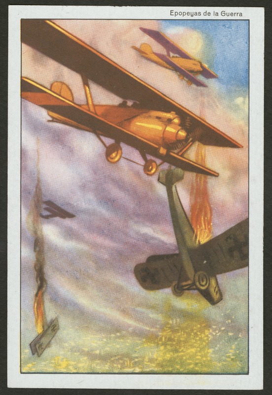 Front of postcard (recto). Image of drawn aerial battle scene including two yellow planes flying while two green planes with swastikas fall from a hit. The image includes a grey plane silhouette in the background. Full text includes "Epopeyas de la Guerra". 