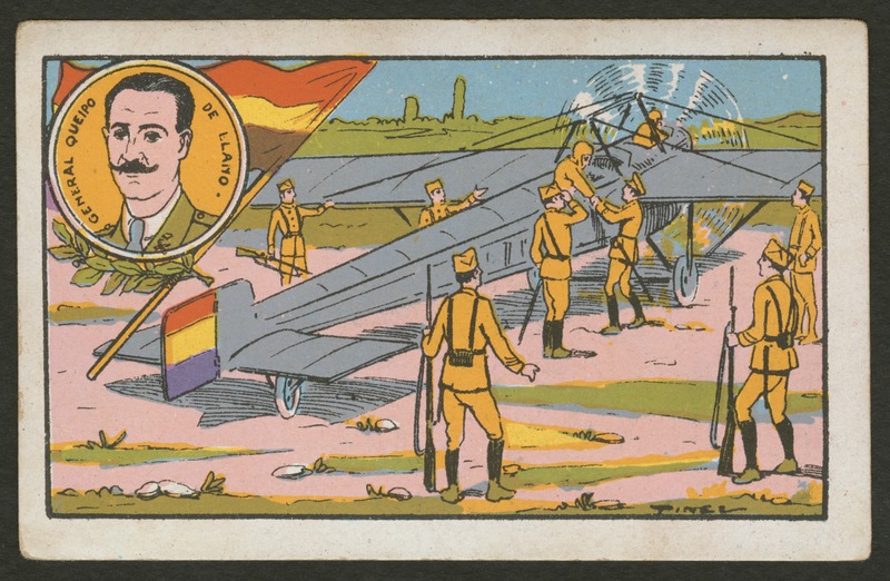 Front of postcard (recto). Image of a group of cartoon soldiers in yellow uniforms standing around a plane. Inside the plane, there are two seated soldiers. In the upper left corner, there is a circle labeled "General Queipo De LLano" with the portrait of a man. Surrounding the circle, there is a flag and a wreath-like plant. Full text includes "General Queipo De LLano".  