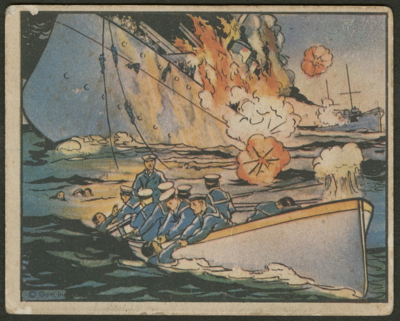 Front of postcard (recto). Image of a destroyed cartoon ship beginning to sink. The ship is covered in flames and smoke as it begins to tip over and sink. In the foreground, there is a rowboat with soldiers helping other soldiers climb aboard from the sea. In the background, there is another ship. 