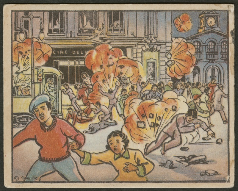 Front of postcard (recto). Image of a cartoon city street under attack. There are several explosions in the image with people running in different directions to avoid them. One explosion is on top of a bus. In the background, there are two buildings. One building has a sign labeled "Cine Del" (part of the sign is covered by an explosion). In the foreground, a man pulls his daughter away from the crowd and explosions. Full text includes "Cine Del".