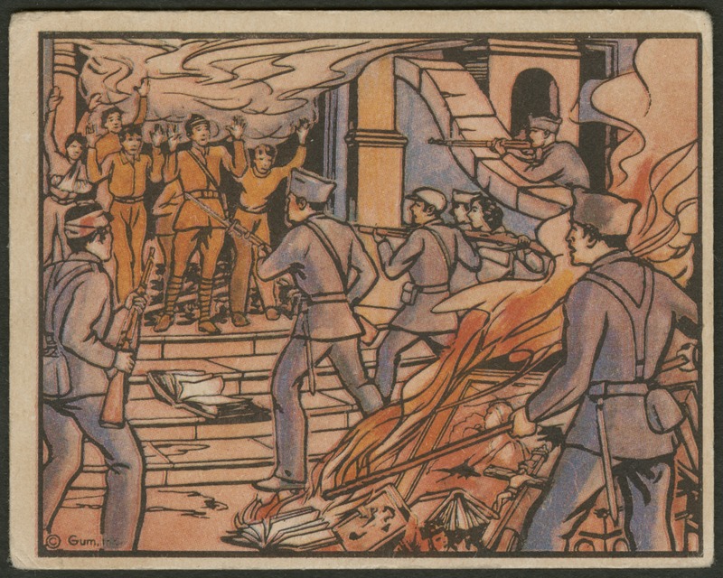 Front of postcard (recto). Image of a group of cartoon soldiers in blue uniforms pointing rifles at another group of soldiers in yellow uniforms with their arms raised. The soldiers in blue uniforms burn paintings, books, and a cross. The soldiers in yellow stand at the top of a small staircase leading to a building entrance. There is smoke in the air.