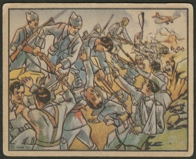 Front of postcard (recto). Image of a group of cartoon soldiers in hand-to-hand combat. The soldiers use rifles, bayonets, pistols, and fists to fight. In the background, there is an airplane overhead and a firing tank on the ground.  