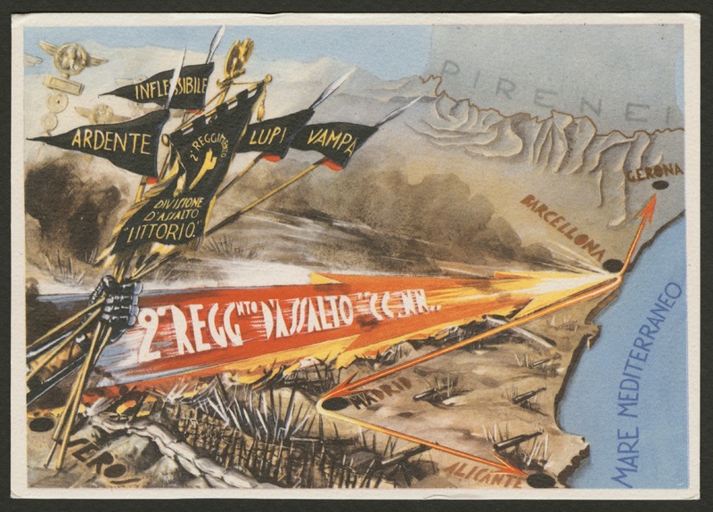 Front of postcard (recto). Image is a drawn map of Spain with several canons spread out on top. There is an arm in the foreground that holds five flags labeled "Ardente", "Inflessibile", "2°Reggimento Divisione D'assalto "Littorio"", "Lupi", and "Vampa". Under the arm is a flaming arrow moving in the direction of "Barcellona" that also connects to "Madrid", "Alicante", and "Gerona". On the right is the blue "Mare Mediterraneo". Full text includes "Ardente, Inflessibile, 2°Reggimento Divisione D'assalto "Littorio", Lupi, and Vampa. 2°Regg D'assalto CC.NN.. Barcellona  Madrid Alicante Gerona Mare Mediterraneo". 