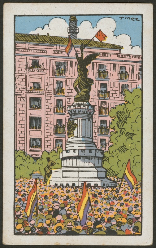 Front of postcard (recto). Image of a cartoon crowd surrounding a statue. The statue has two flags and the crowd holds three flags. In the background, there is a large pink building with crowded balconies. 