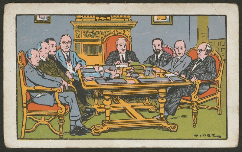 Front of postcard (recto). Image of the "Consejo de los Ministros del Gobierno Provisional de la República" (name taken from back side of postcard). The image shows a group of men sitting around a table. 