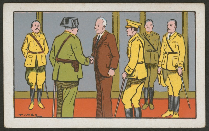 Front of postcard (recto). Image of cartoon men shaking hands. Four men wear yellow uniforms and stand at ease. One man in a green uniform shakes another man's hand in a brown suit. The background shows an empty hallway. 
