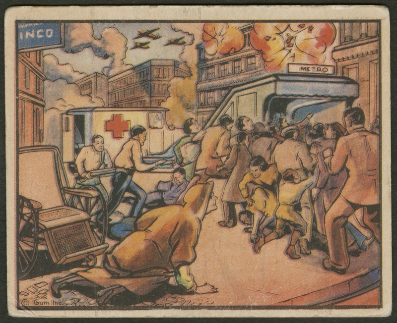 Front of postcard (recto). Image of a cartoon city street with a crowd of people pushing into a "Metro" entrance. In the foreground, a woman crawls from her wheelchair to the entrance. In the background, there is an ambulance, smoking buildings, explosions, and three planes overhead. Full text includes "Metro".